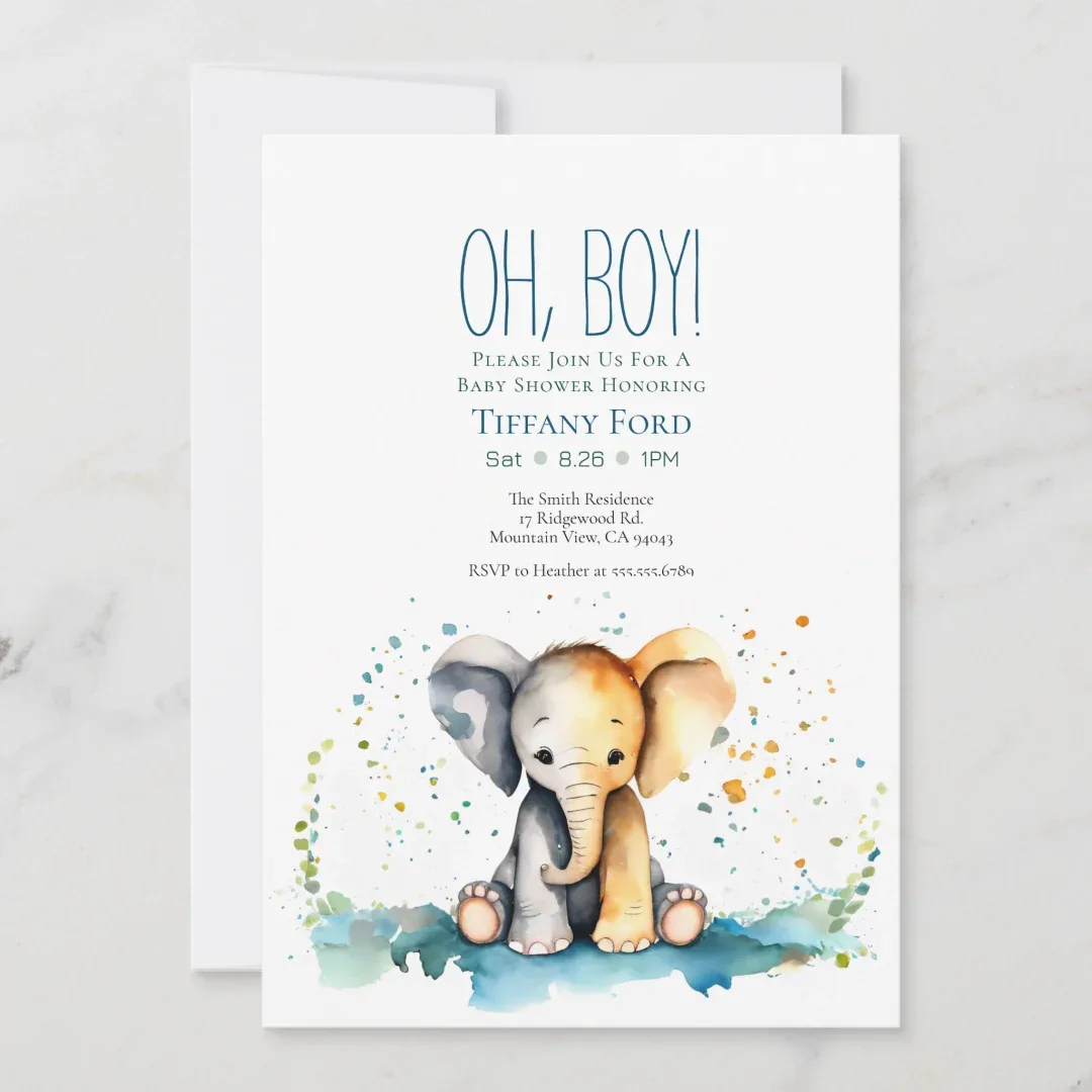 Oh boy baby elephant safari baby shower invitation