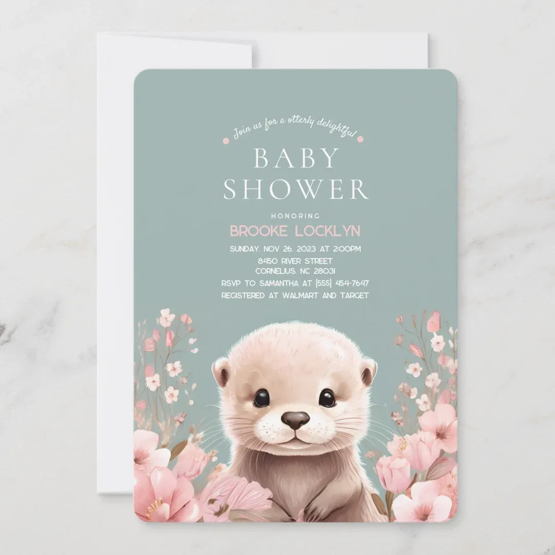 Adorable otter girl baby shower invitation with pink flowers