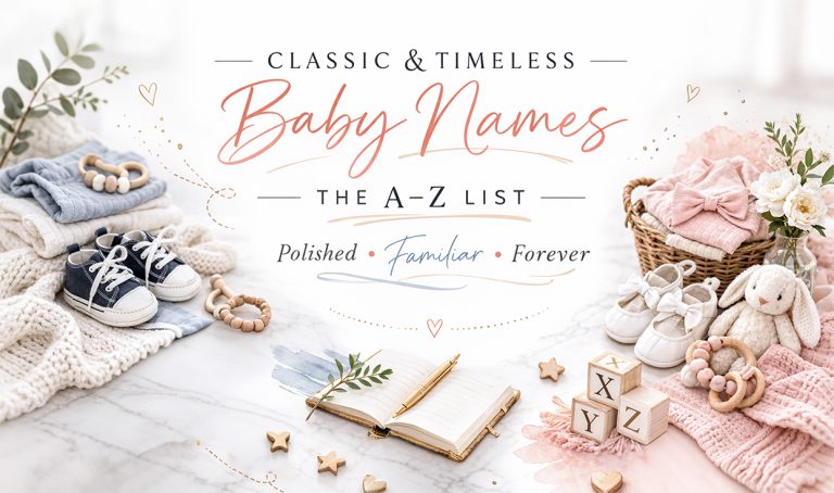 Classic timeless baby names A–Z list banner with neutral baby items and notebook