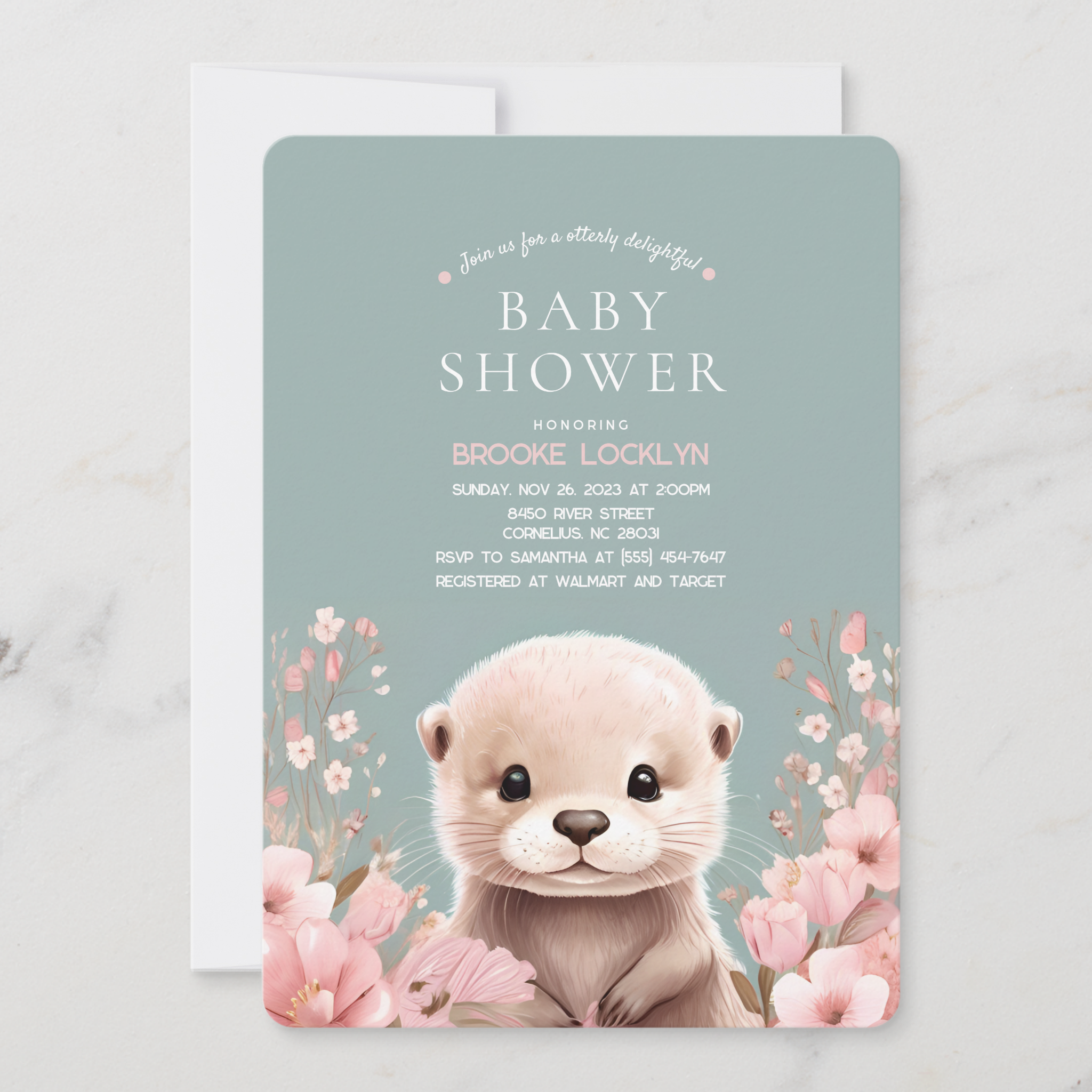 Adorable otter girl baby shower invitation with pink flowers