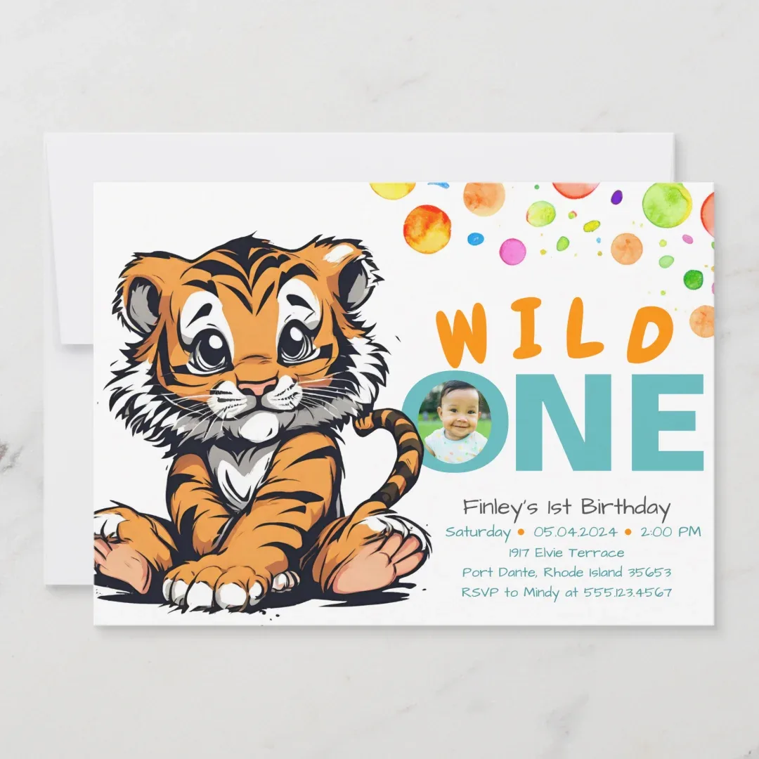 Orange tiger wild one birthday invitation