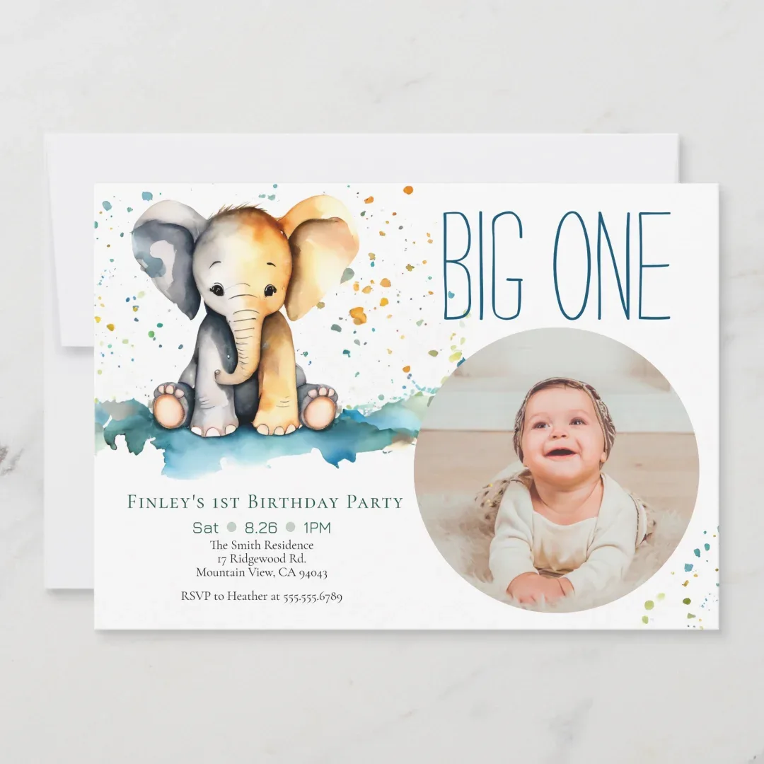 Elephant Big One first birthday invitation