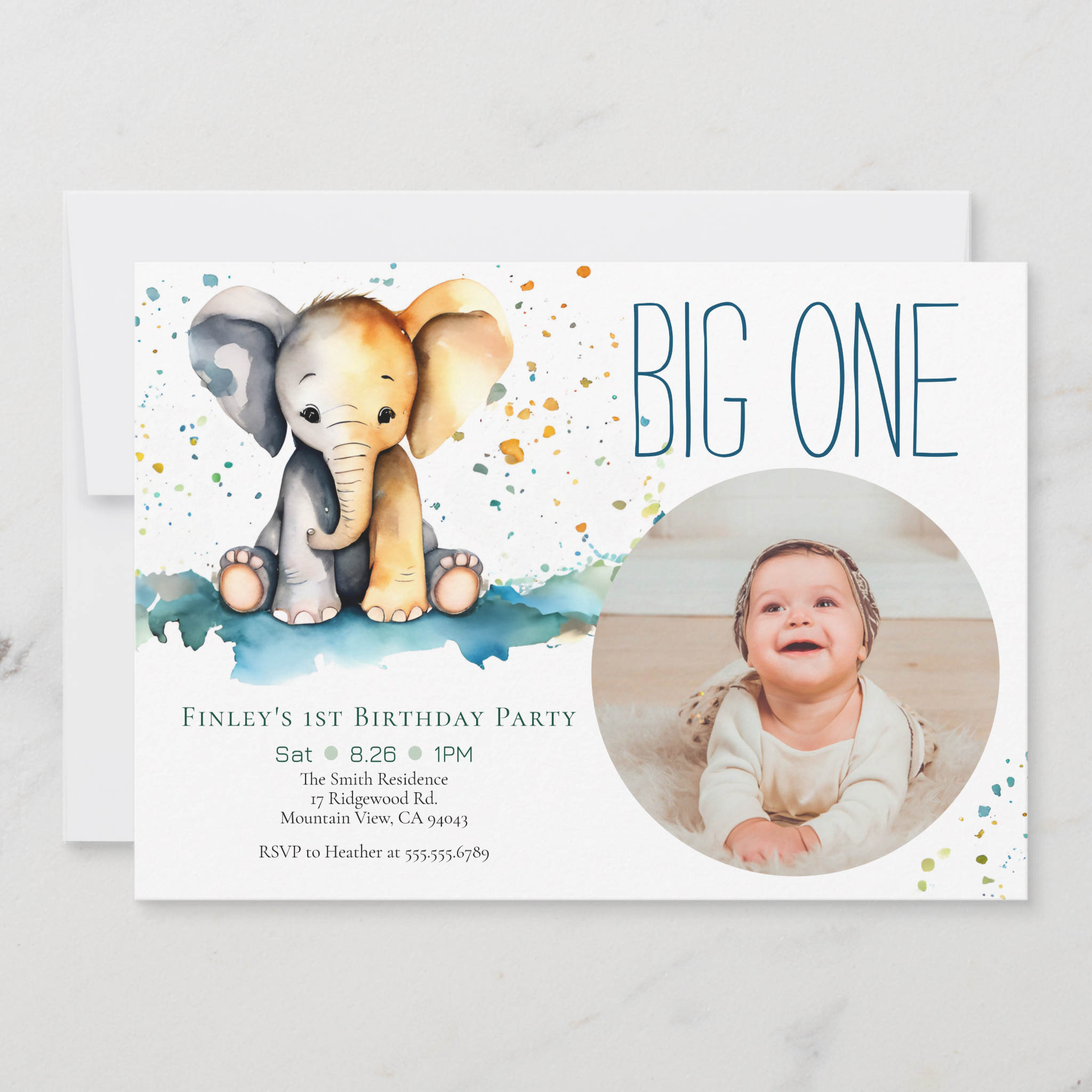 Elephant Big One first birthday invitation