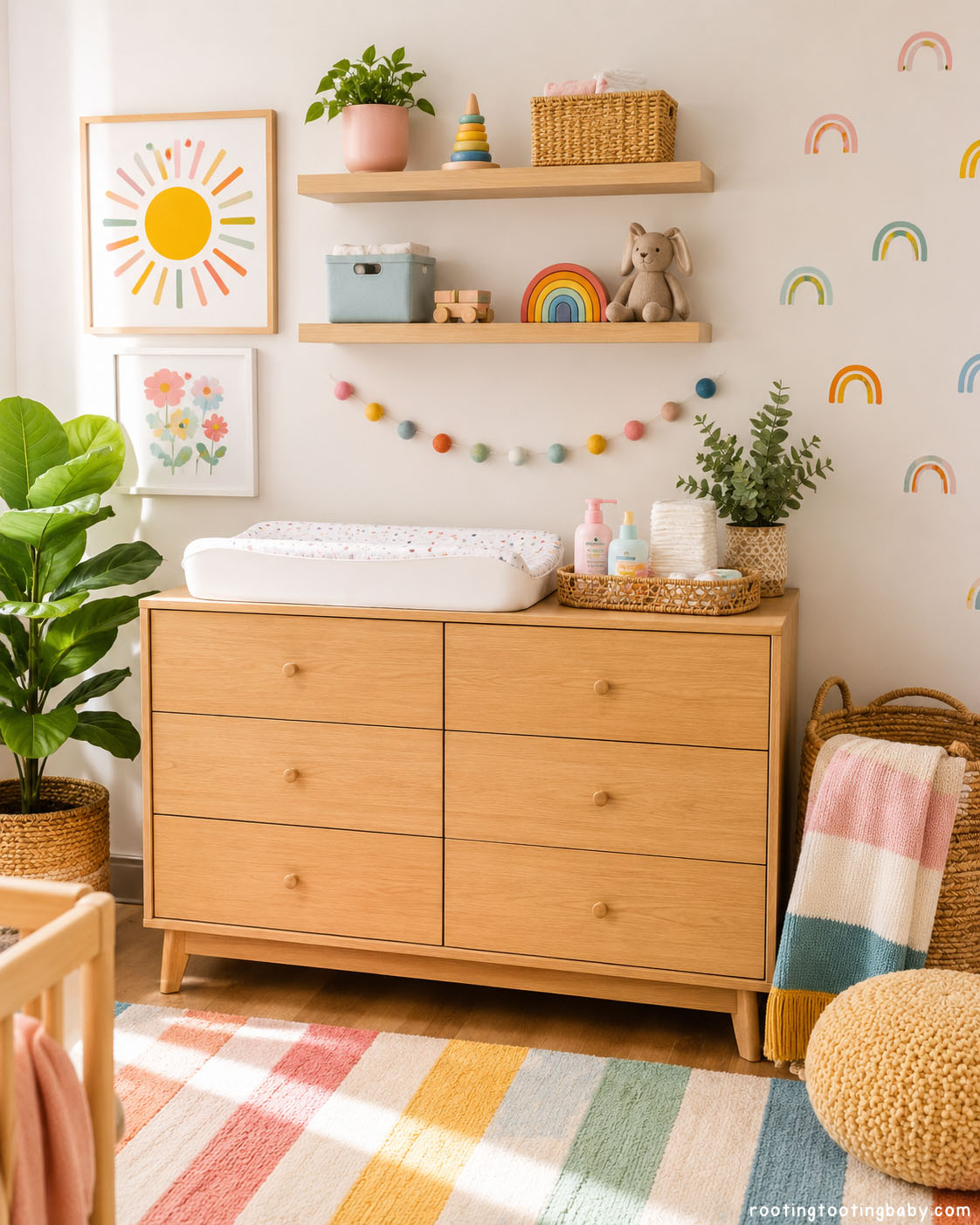 Colorful dopamine baby nursery changing table area with rainbow accents, storage baskets, wall art, and cheerful nursery decor