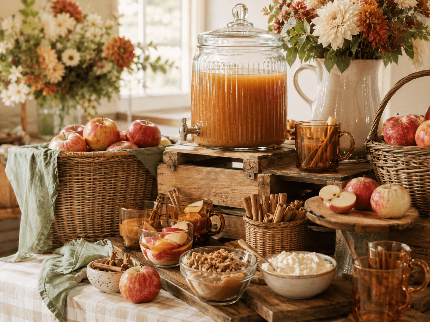 Cozy apple cider bar baby shower inspiration with drink dispenser, apples, mugs, cinnamon sticks, and fall flowers