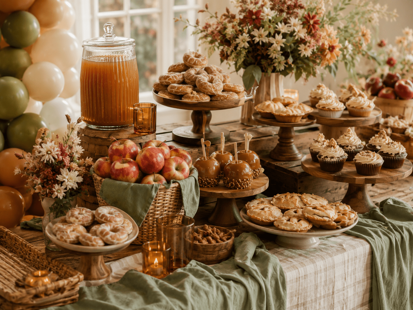 Apple cider baby shower dessert table with donuts, mini pies, apples, cider, and cozy fall styling