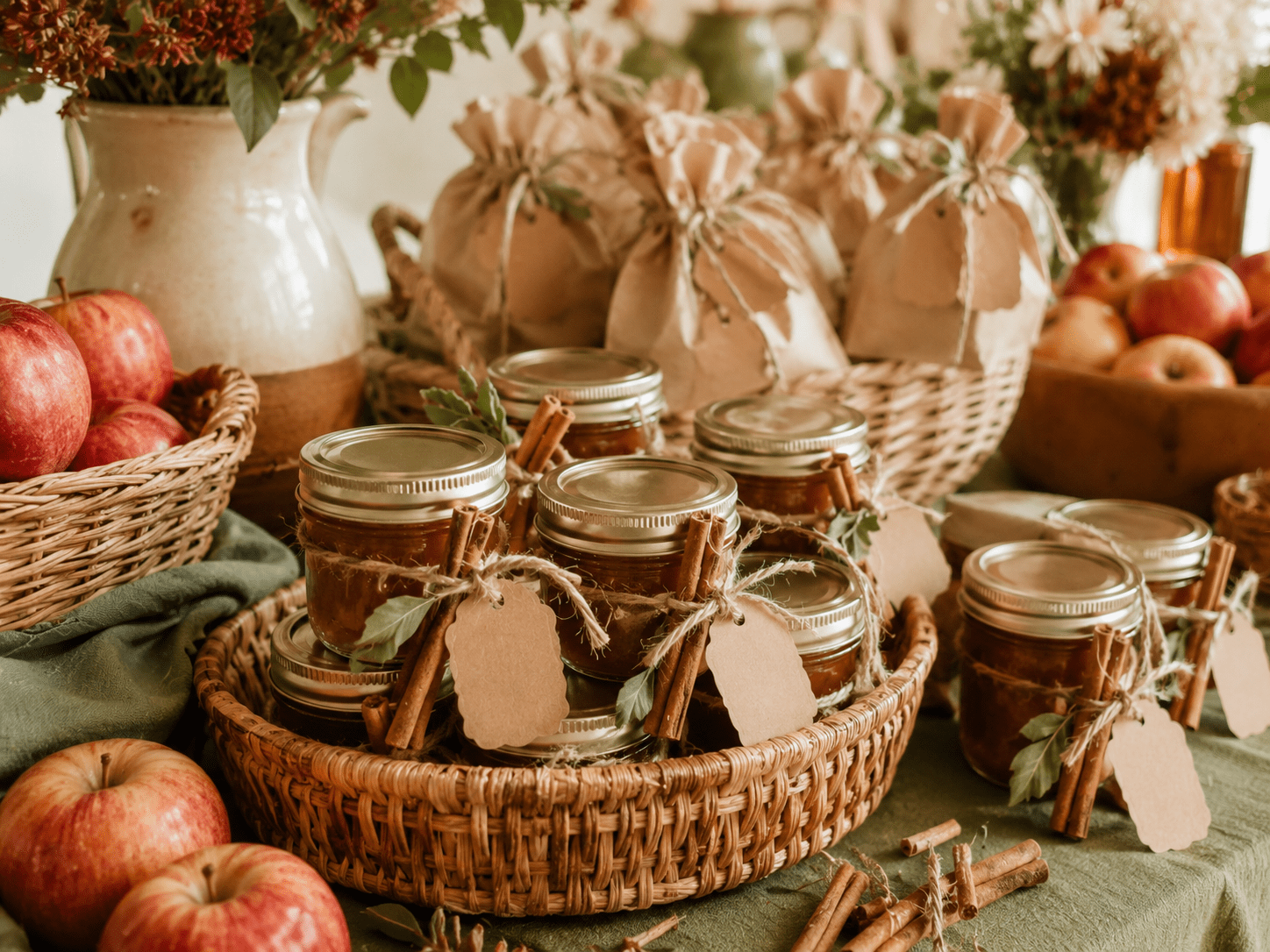 Apple cider baby shower favor inspiration with mini jars, kraft tags, twine, apples, and cinnamon sticks