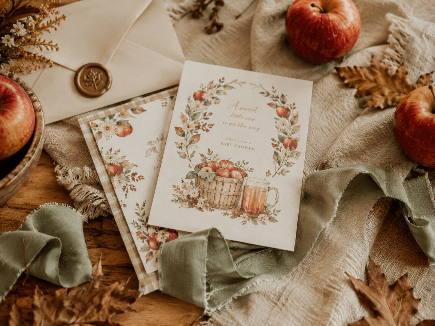 Apple cider baby shower invitation inspiration with apples, fall leaves, and warm neutral details