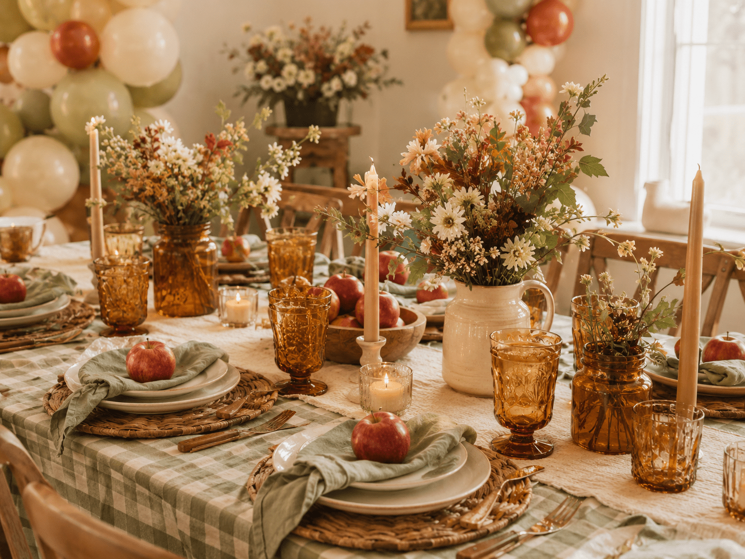 Apple cider baby shower table decor with amber glassware, apples, gingham tablecloth, flowers, and warm fall details