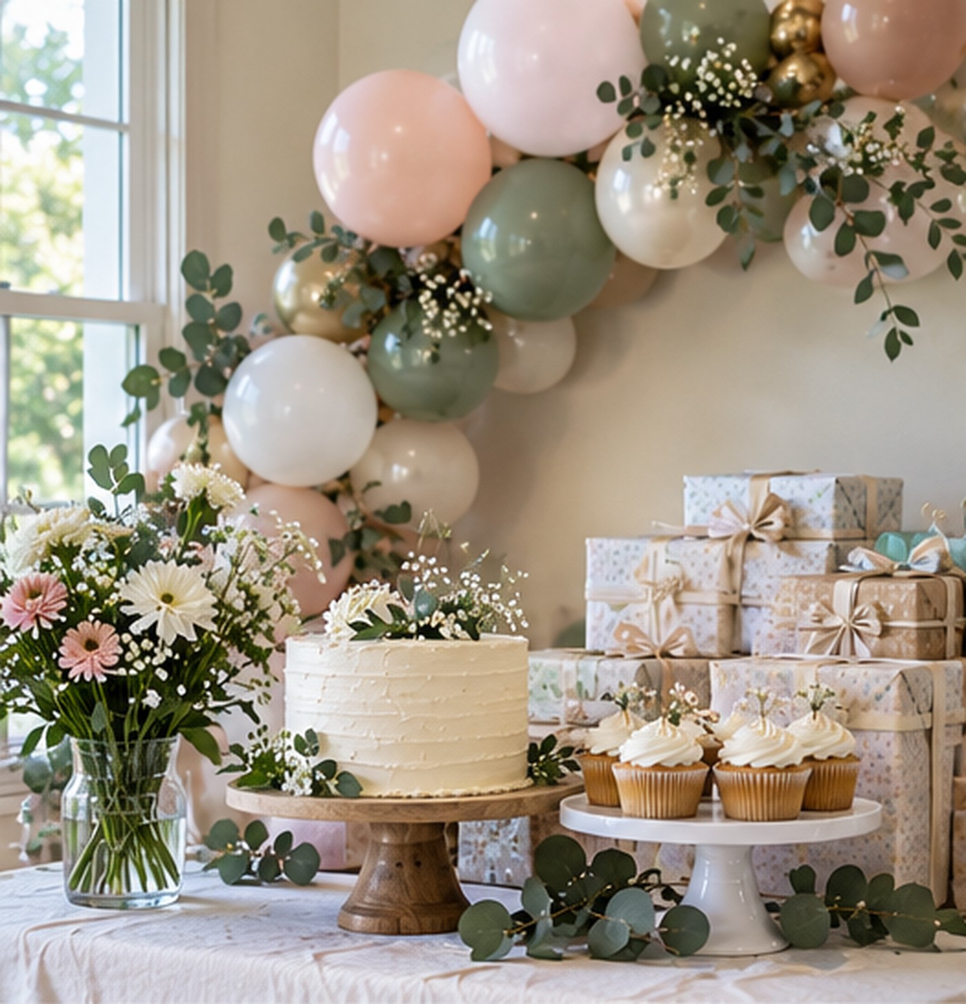 Simple last-minute baby shower table with balloons, flowers and cake