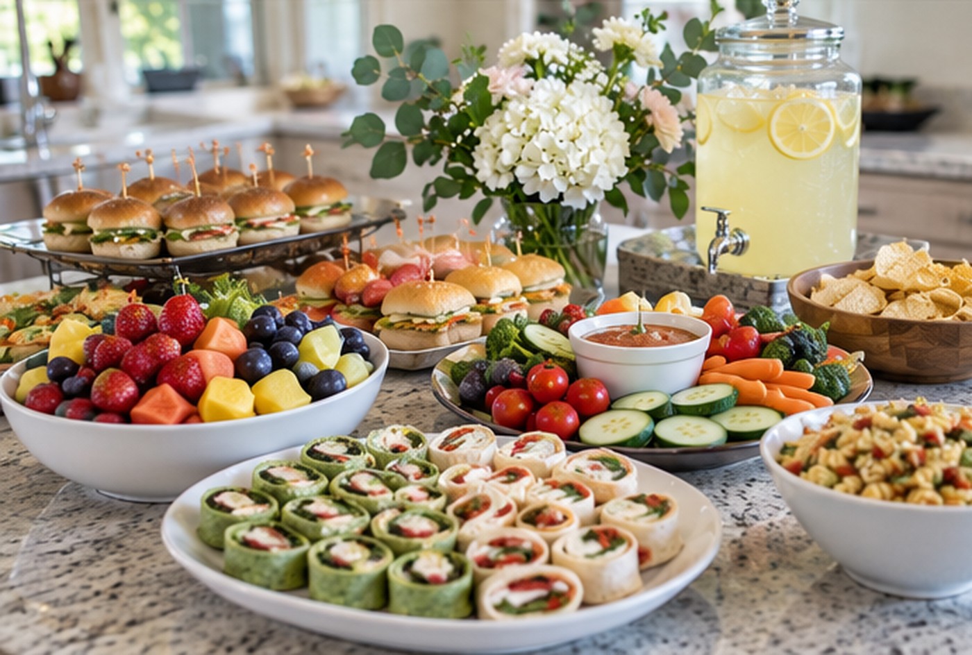 Easy last-minute baby shower food table with sandwiches fruit and cupcakes