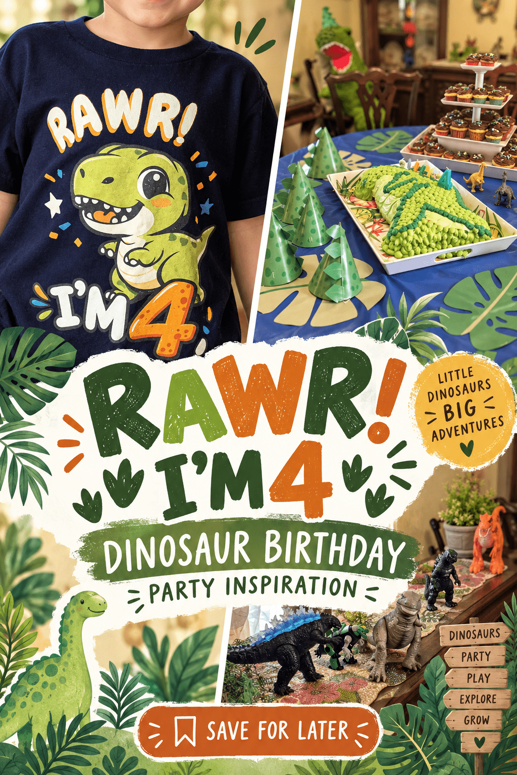 Rawr I'm 4 dinosaur birthday party inspiration Pinterest graphic