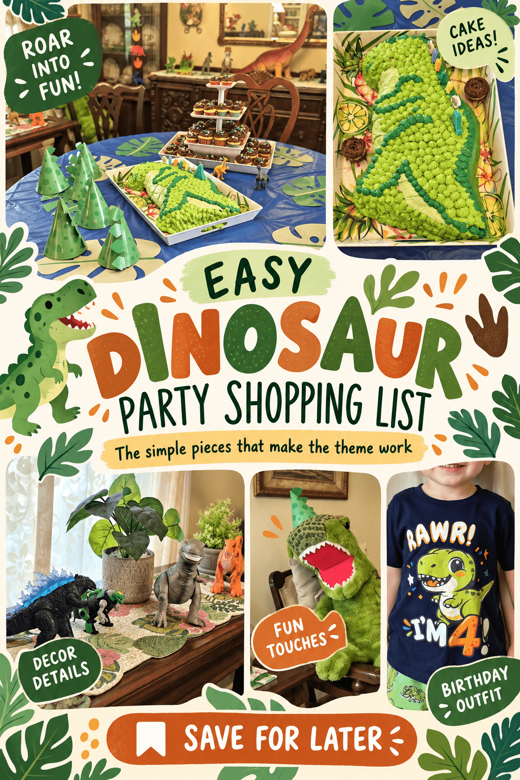 Easy dinosaur birthday party shopping list Pinterest graphic