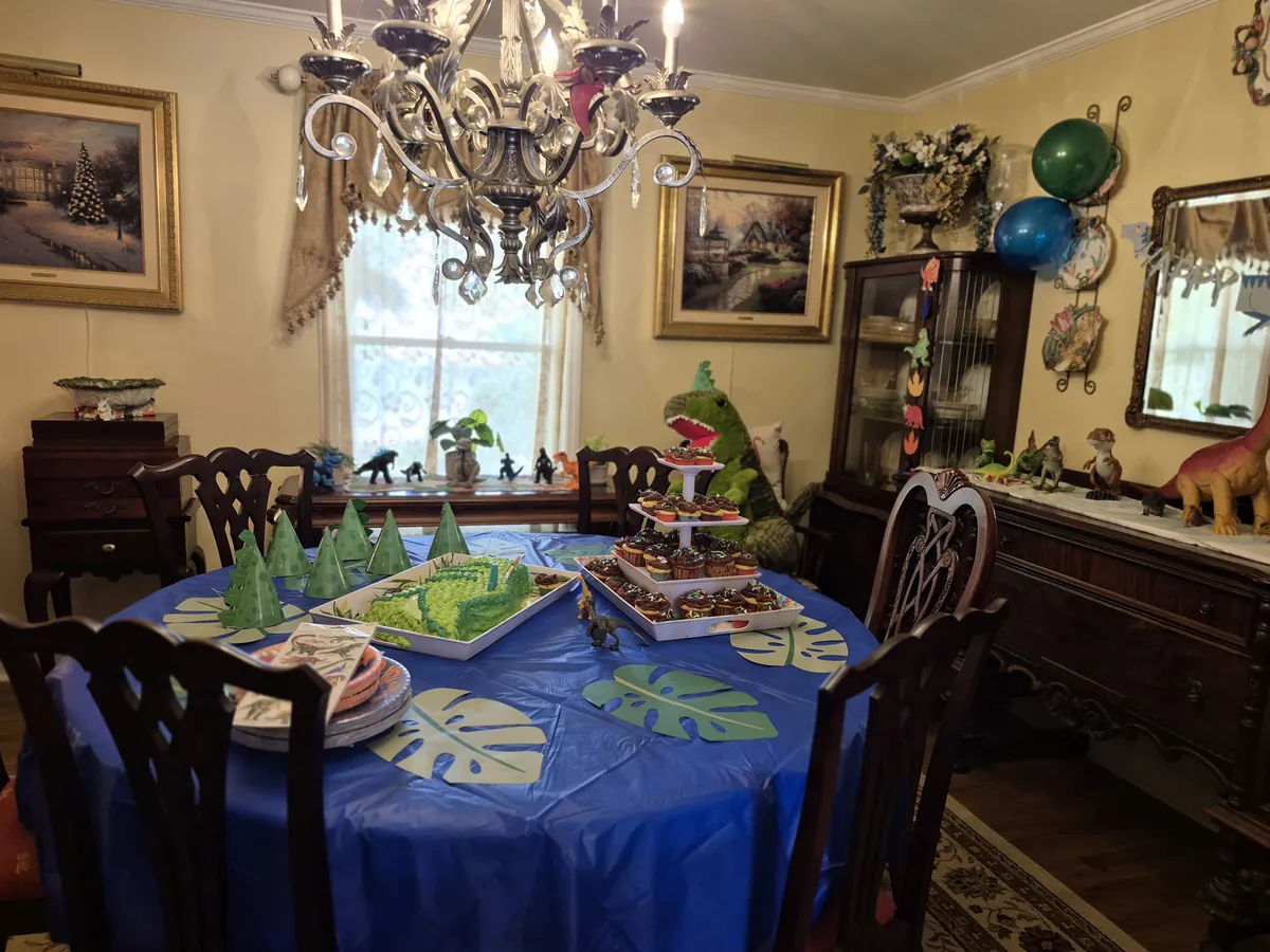 Wide view of dinosaur birthday party decorations